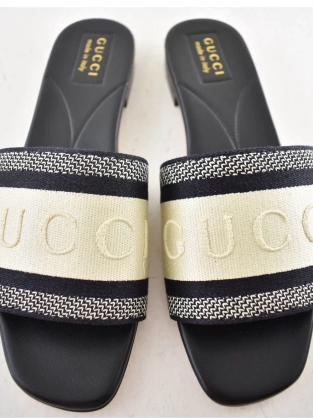 Gucci Jane Black White Ivory Logo Mule Flat Slide Slip On Sandal 38. Like New!